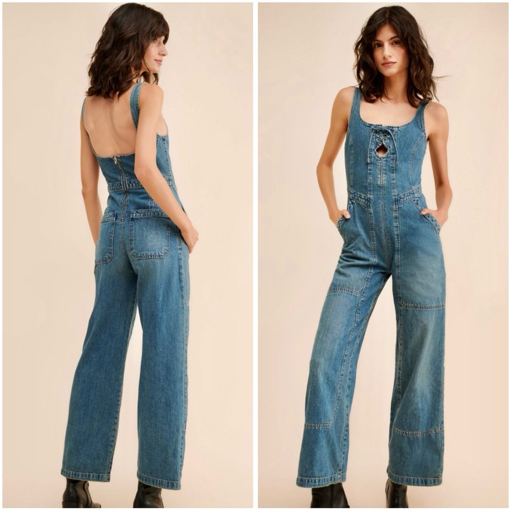 Free People Amina Denim Wide-Leg + Lace-Up Jumpsuit - Picture 16 of 16